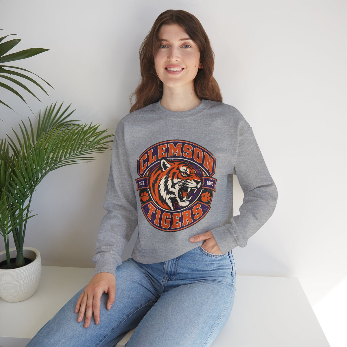 Clemson Tigers Tiger Logo Sweatshirt | Orange and Purple Crewneck