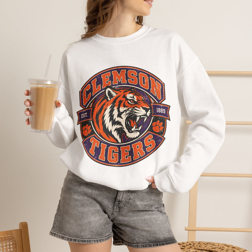 Clemson Tigers Tiger Logo Sweatshirt | Orange and Purple Crewneck
