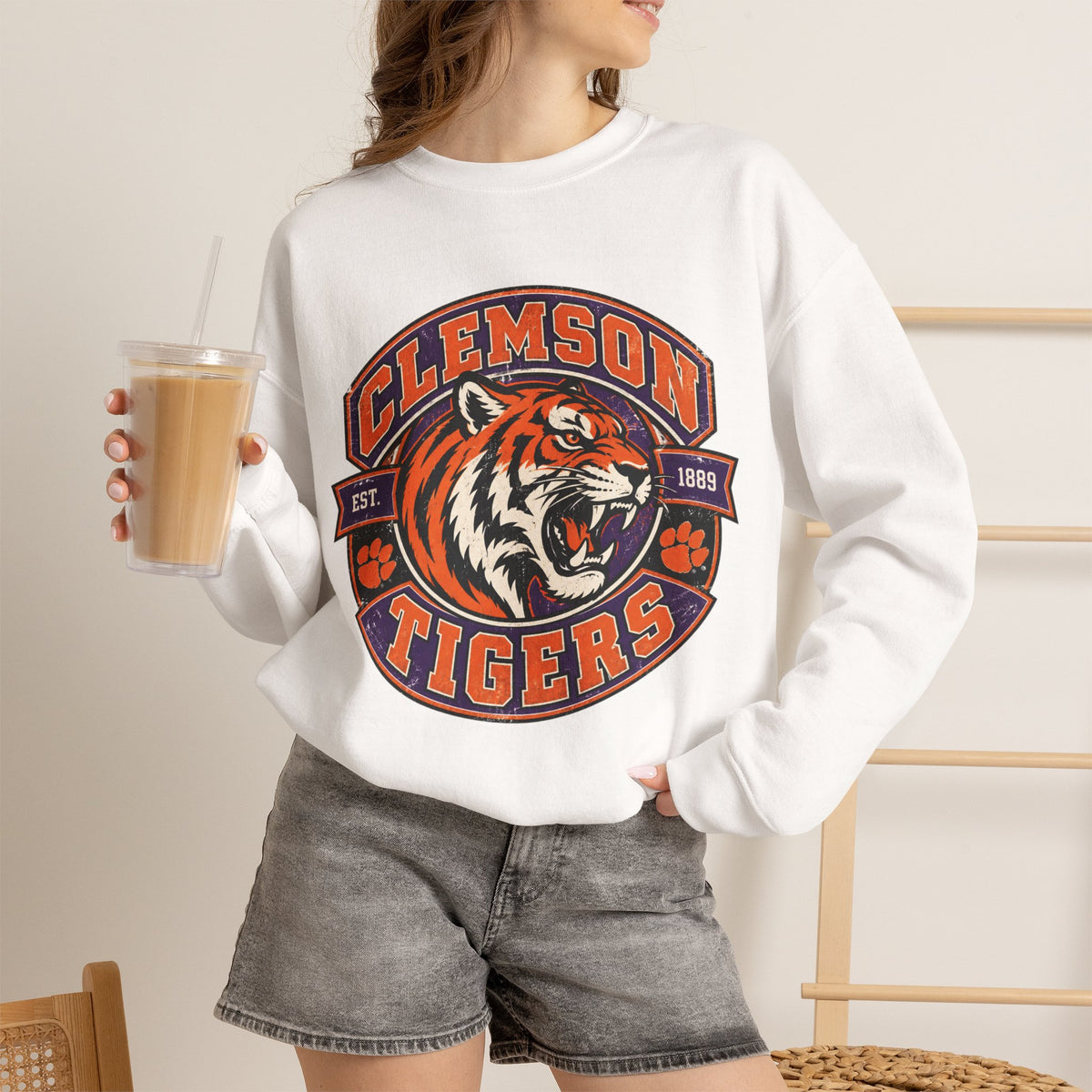 Clemson Tigers Tiger Logo Sweatshirt | Orange and Purple Crewneck