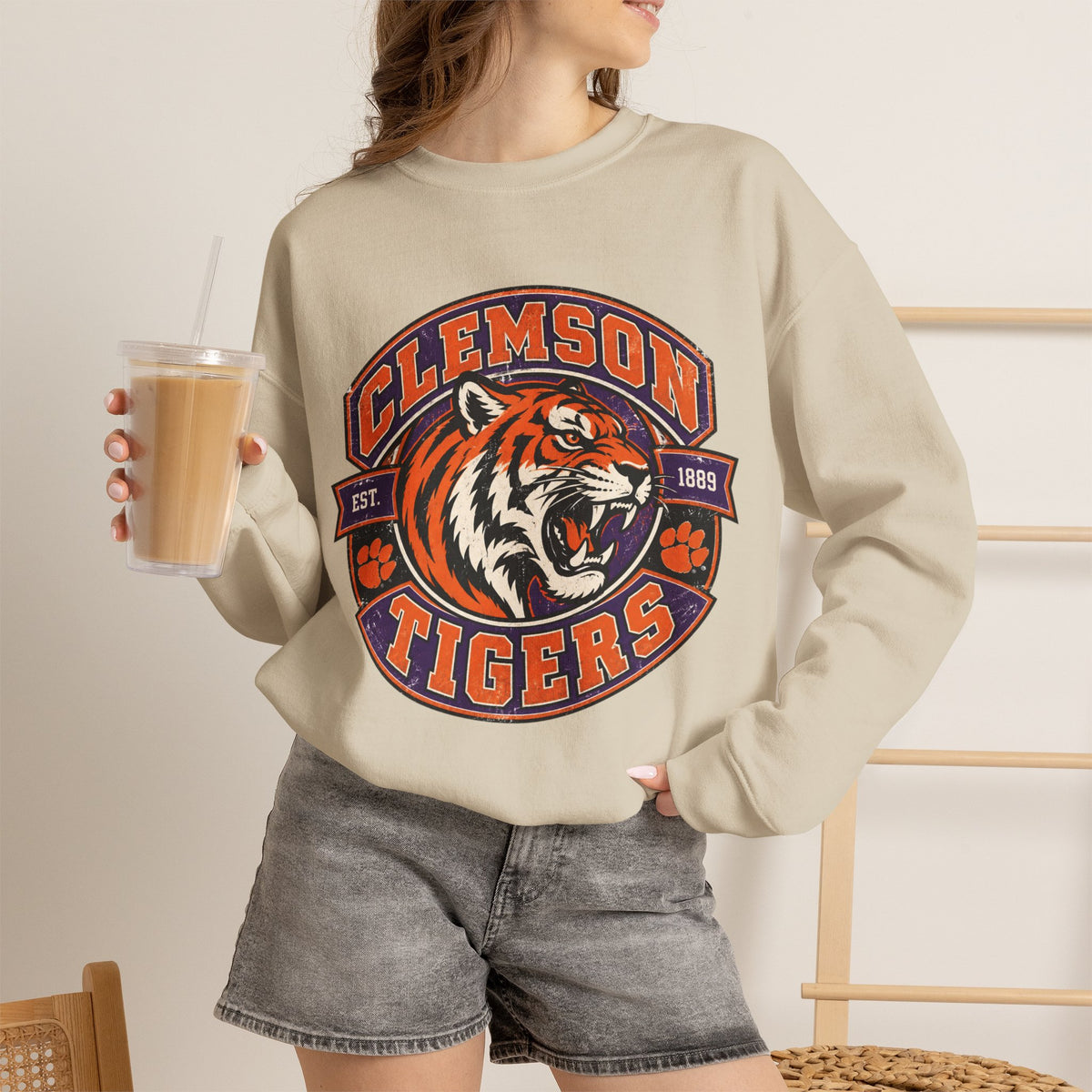 Clemson Tigers Tiger Logo Sweatshirt | Orange and Purple Crewneck