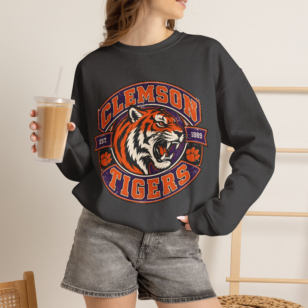Clemson Tigers Tiger Logo Sweatshirt | Orange and Purple Crewneck