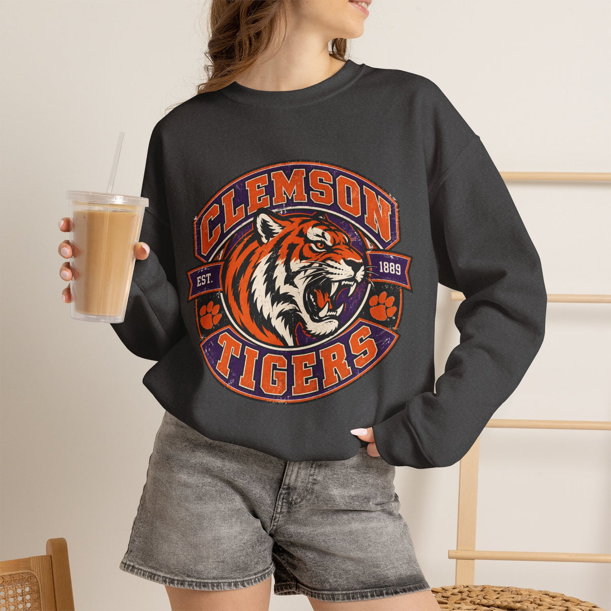 Clemson Tigers Tiger Logo Sweatshirt | Orange and Purple Crewneck
