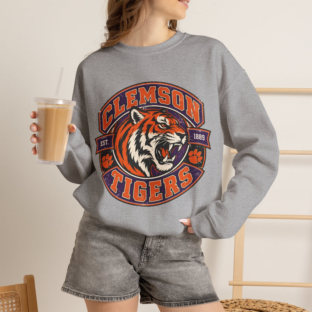 Clemson Tigers Tiger Logo Sweatshirt | Orange and Purple Crewneck